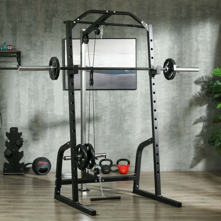 Soozier Adjustable Power Cage Rack: 15-Level Squat, Cable Pulley System, Home Gym