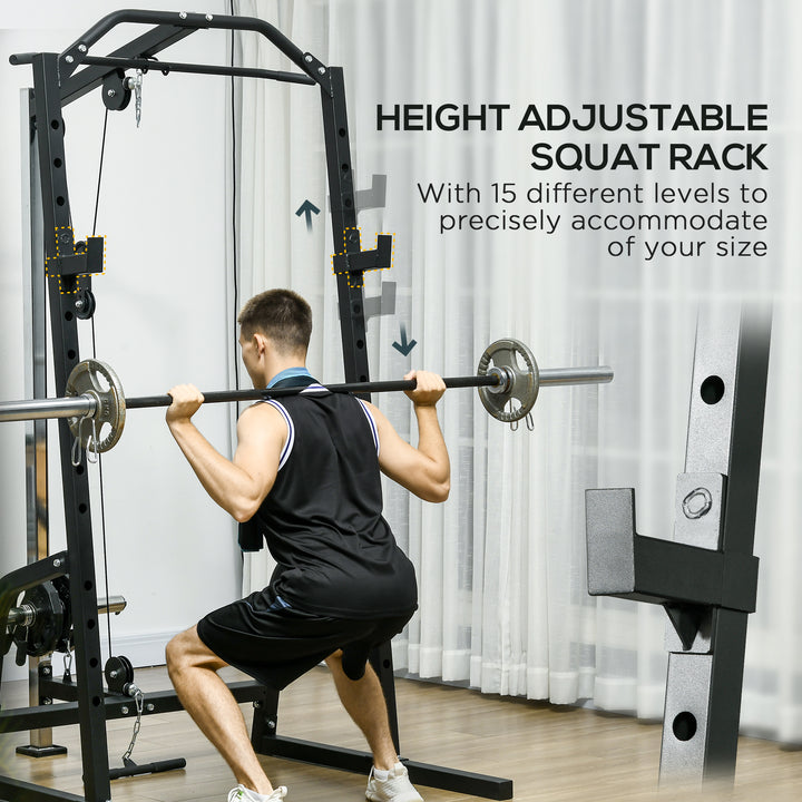 Soozier Adjustable Power Cage Rack: 15-Level Squat, Cable Pulley System, Home Gym
